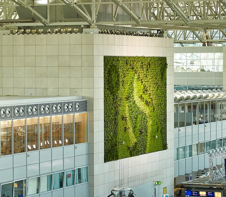Großflächige Fassadenbegrünung im Innenbereich eines Flughafens