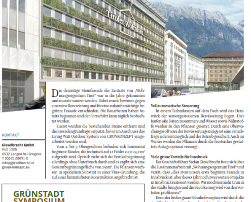Zeitungsbericht aus "die Wirtschaft" über die Fassadenbegrünung am Wohnungseigentum Tirol Gebäude in Innsbruck